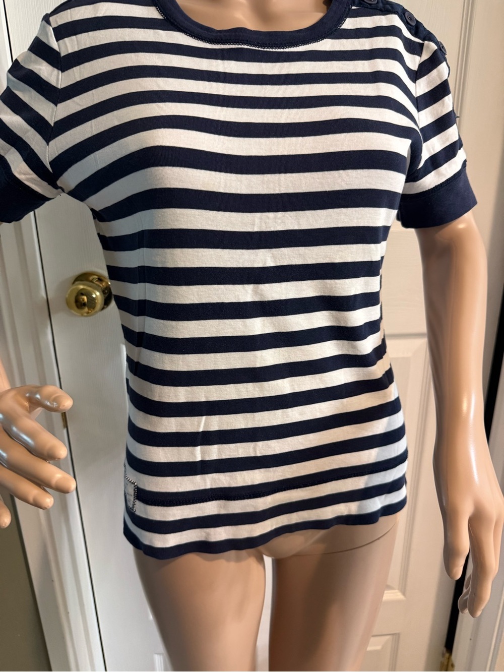 Y2K Lauren Jean Co Ralph Lauren Womens Blue White Striped Nautical Top M Logo